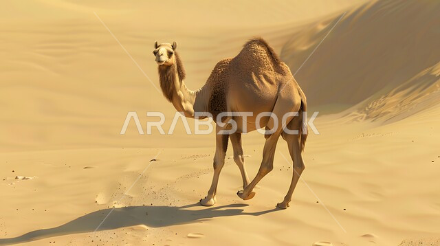 الاهتمام بالثدييات والمواشي, جمل يقف على الكثبان الرملية في الصحراء, رعاية الابل في صحاري المملكة العربية السعودية, تربية الجمال في المحميات الطبيعية في المناطق الصحراوية