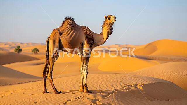 تربية الجمال في المحميات الطبيعية في المناطق الصحراوية, الاهتمام بالثدييات والمواشي, جمل يقف على الكثبان الرملية في الصحراء, رعاية الابل في صحاري المملكة العربية السعودية