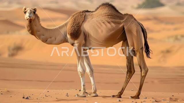 رعاية الابل في صحاري المملكة العربية السعودية, تربية الجمال في المحميات الطبيعية في المناطق الصحراوية, الاهتمام بالثدييات والمواشي, جمل يقف على الكثبان الرملية في الصحراء