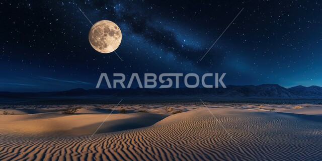 اكتمال القمر في سماء المملكة العربية السعودية، الكثبان الرملية الذهبية، جبال ومرتفعات المملكة العربية السعودية في الليل، التضاريس والبيئة الصحراوية في الصحراء العربية، منظر لمجرة درب التابنة والنجوم اللامعة, خلفية الطبيعة
