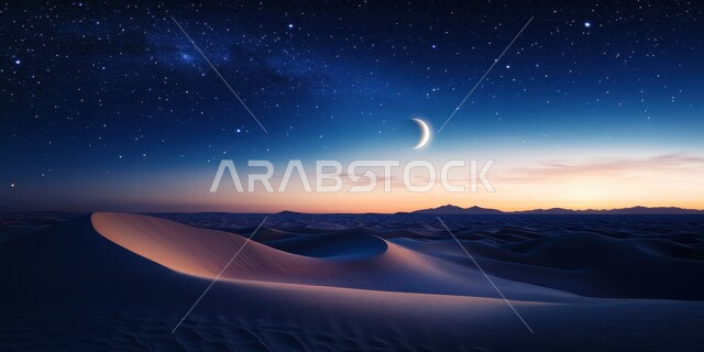 الهلال المضيء في سماء المملكة العربية السعودية، الكثبان الرملية الذهبية، جبال ومرتفعات المملكة العربية السعودية في الليل، التضاريس والبيئة الصحراوية في الصحراء العربية، منظر لمجرة درب التابنة والنجوم اللامعة, خلفية الطبيعة