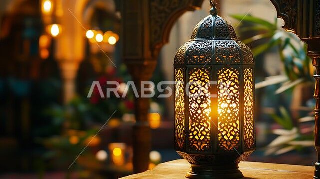 الأجواء الروحانية والاحتفال بالمناسبات والأعياد الدينية الاسلامية، ديكورات وزينة رمضان المبارك, صورة مقربة لفانوس معدني تقليدي مضيء في الطبيعة, البهجة بقدوم شهر الخير، تحف واكسسوارت متميزة
