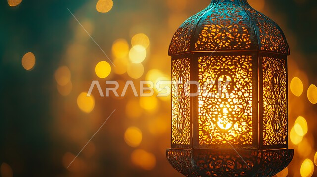 الأجواء الروحانية والاحتفال بالمناسبات والأعياد الدينية الاسلامية، ديكورات وزينة رمضان المبارك, صورة مقربة لفانوس معدني تقليدي مضيء في الطبيعة, البهجة بقدوم شهر الخير، تحف واكسسوارت متميزة