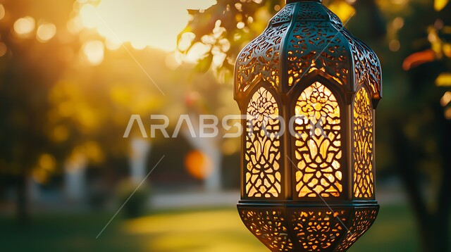 الأجواء الروحانية والاحتفال بالمناسبات والأعياد الدينية الاسلامية، ديكورات وزينة رمضان المبارك, صورة مقربة لفانوس معدني تقليدي مضيء في الطبيعة, البهجة بقدوم شهر الخير، تحف واكسسوارت متميزة
