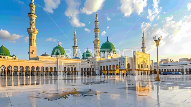 الحرم الخارجي للمسجد النبوي الشريف في المدينة المنورة نهارا، أماكن ومعالم دينية إسلامية مقدسة في المملكة العربية السعودية، العبادة والتقرب إلى الله تعالى, الفن الهندسي المعماري للقبب و المآذن