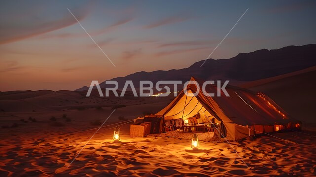 كشتة و جلسة بر شبابية, التخييم في صحاري المملكة العربية السعودية, الأجواء الشتوية الهادئة, خيمة بدوية شعبية مضيئة وسط الصحراء، التضاريس والرمال الذهبية الناعمة وقت الليل، مخيمات سياحية في المناطق البرية