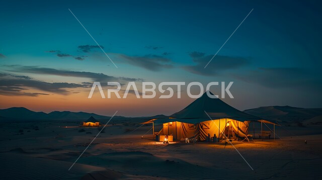 كشتة و جلسة بر شبابية, التخييم في صحاري المملكة العربية السعودية, الأجواء الشتوية الهادئة, خيمة بدوية شعبية مضيئة وسط الصحراء، التضاريس والرمال الذهبية الناعمة وقت الليل، مخيمات سياحية في المناطق البرية