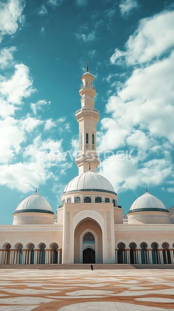  مسجد باللون الأبيض في النهار، الفن الهندسي المعماري لبناء المساجد على الطراز العربي الاسلامي في المملكه العربيه السعودية, دعوة ونداء المسلمين إلى الصلاه، مفهوم العبادة والتقرب إلى الله تعالى