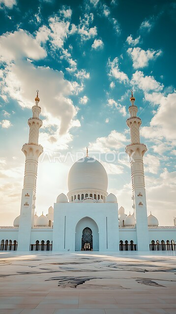 الفن الهندسي المعماري لبناء المساجد على الطراز العربي الاسلامي في المملكه العربيه السعودية, دعوة ونداء المسلمين إلى الصلاه، مفهوم العبادة والتقرب إلى الله تعالى، مسجد باللون الأبيض في النهار