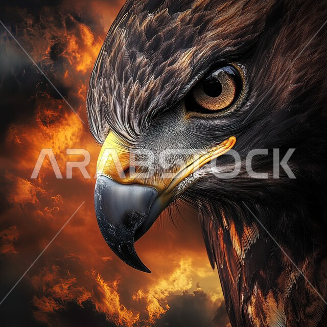  رحلات الصيد والحياة البرية، صقر مفترس ذو نظر ثاقب، محمية طبيعية لتربية وتدريب الطيور الجارحة في السعودية، صورة مقربة لطائر النسر الجارح حاد العينين يقف بشموخ، خلفية الغيوم وقت غروب الشمس