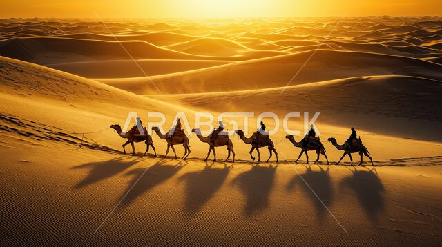 الحياة البدوية الشعبية التقليدية, السفر والترحال عبر حيوان الجمل, قافلة من الجمال تسير وسط الصحراء، تربية الناقة العربية في البادية, الطبيعة في المناطق الصحراوية, الرمال الذهبية الناعمة في صحاري المملكة العربية السعودية في وقت الغروب