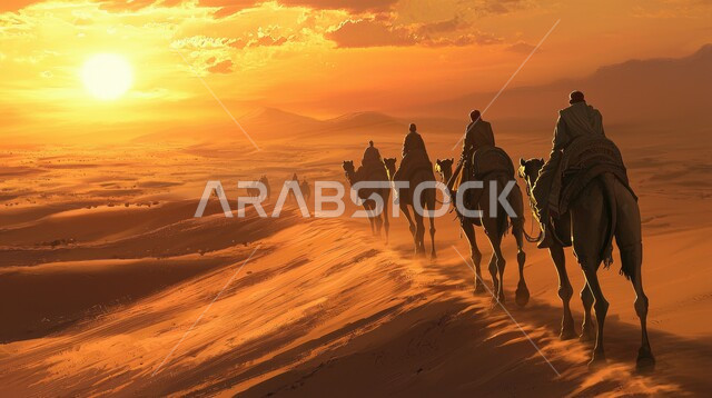  قافلة من الجمال تسير وسط الصحراء، تربية الناقة العربية في البادية, الطبيعة في المناطق الصحراوية, الرمال الذهبية الناعمة في صحاري المملكة العربية السعودية في وقت الغروب، الحياة البدوية الشعبية التقليدية, السفر والترحال عبر حيوان الجمل