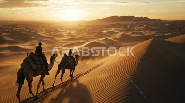  قافلة من الجمال تسير وسط الصحراء، تربية الناقة العربية في البادية, الطبيعة في المناطق الصحراوية, الرمال الذهبية الناعمة في صحاري المملكة العربية السعودية في وقت الغروب، الحياة البدوية الشعبية التقليدية, السفر والترحال عبر حيوان الجمل