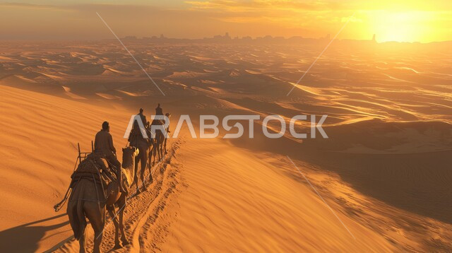 الحياة البدوية الشعبية التقليدية, السفر والترحال عبر حيوان الجمل, قافلة من الجمال تسير وسط الصحراء، تربية الناقة العربية في البادية, الطبيعة في المناطق الصحراوية, الرمال الذهبية الناعمة في صحاري المملكة العربية السعودية في وقت الغروب