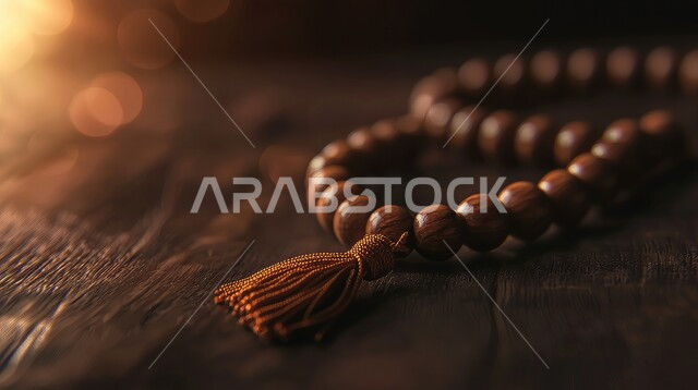 مفهوم العبادة و التقرب إلى الله تعالى, الدعاء وطلب المغفرة والصفح، الإكثار من التسبيح و التذكير, صورة مقربة لمسبحة يد من حبات الخرز الخشبية