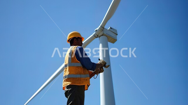 Sustainable development with alternative energy in Saudi Arabia, Back view of a Saudi Arabian Gulf engineer wearing a jacket and protective helmet standing at work site, concept of using environmentally friendly renewable energy, wind turbine fields and windmills in the middle of agricultural lands and spaces