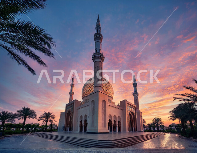 الفن الهندسي المعماري للمآذن والقبب المزخرفة على الطراز الحديث، أماكن ومعالم دينية مقدسة في المملكة العربية السعودية، دعوة ونداء المسلمين إلى الصلاه، الاهتمام في زراعة أشجار النخيل في ساحة الجامع، منظر مسجد كبير وقت غروب الشمس، مفهوم العبادة والتقرب إلى الله