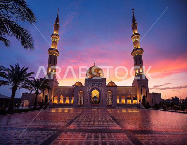 مفهوم العبادة والتقرب إلى الله، الفن الهندسي المعماري للمآذن والقبب المزخرفة على الطراز الحديث، أماكن ومعالم دينية مقدسة في المملكة العربية السعودية، دعوة ونداء المسلمين إلى الصلاه، الاهتمام في زراعة أشجار النخيل في ساحة الجامع، منظر مسجد كبير وقت غروب الشمس