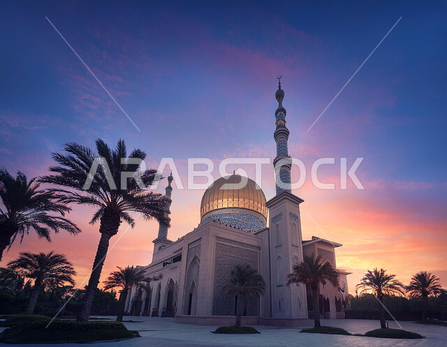 مفهوم العبادة والتقرب إلى الله، الفن الهندسي المعماري للمآذن والقبب المزخرفة على الطراز الحديث، أماكن ومعالم دينية مقدسة في المملكة العربية السعودية، دعوة ونداء المسلمين إلى الصلاه، الاهتمام في زراعة أشجار النخيل في ساحة الجامع، منظر مسجد كبير وقت غروب الشمس