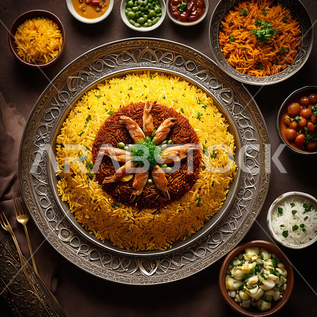 الأساليب الفنية في تقديم الطعام، وجبات وأطباق عربية تقليدية، وصفات من المطبخ العربي السعودي، صورة علوية عامودية لطبق من أرز الكبسة مع الدجاج المحمر والتوابل
