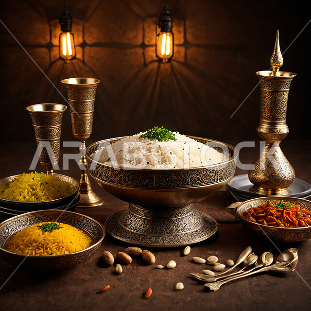 وجبات وأطباق عربية تقليدية، الأساليب الفنية في تقديم الطعام، وصفات من المطبخ العربي السعودي، صورة علوية عامودية لطبق من أرز الكبسة مع الدجاج 