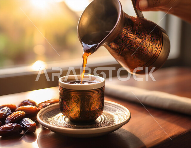 المحاصيل والمنتجات المحلية الوطنية، فطور صحي ومفيد، كرم الاستقبال وحسن الضيافة في المملكة العربية السعودية، الاستمتاع بالمشروبات الساخنة، صورة مقربة لصب الشاي من ابريق ذهبي بزخارف ارابيسك التقليدية مع التمر، وجبة ذات قيمة غذائية عالية