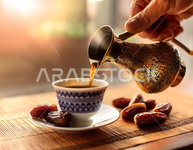 Warm welcome and hospitality in Saudi Arabia, enjoying hot drinks, close-up of pouring tea from a golden teapot with traditional arabesque motifs with dates, a meal with high nutritional value, local produce and crops, healthy and nutritious breakfast