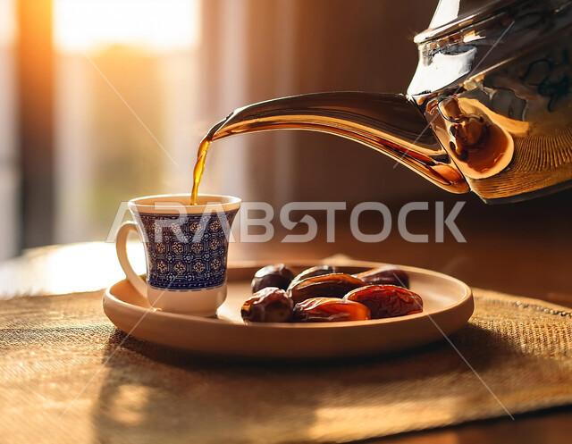 وجبة ذات قيمة غذائية عالية، المنتجات والمحاصيل المحلية الوطنية، فطور صحي ومفيد، حسن الضيافه وكرم الاستقبال في المملكة العربية السعودية، الاستمتاع بالمشروبات الساخنة، صورة مقربة لصب الشاي من ابريق ذهبي بزخارف ارابيسك التقليدية مع طبق مليء بالتمر