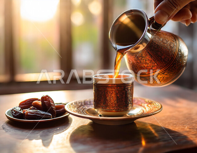 الاستمتاع بالمشروبات الساخنة، صورة مقربة لصب الشاي من ابريق ذهبي بزخارف ارابيسك التقليدية مع طبق مليء بالتمر، وجبة ذات قيمة غذائية عالية، المنتجات والمحاصيل المحلية الوطنية، فطور صحي ومفيد، حسن الضيافه وكرم الاستقبال في المملكة العربية السعودية
