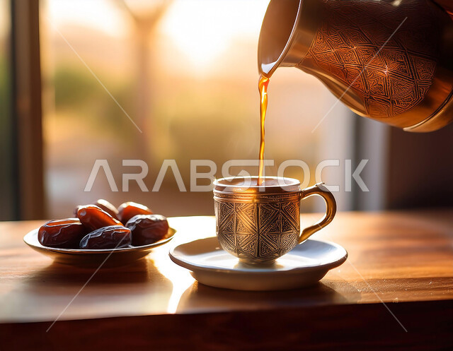 حسن الضيافه وكرم الاستقبال في المملكة العربية السعودية، الاستمتاع بالمشروبات الساخنة، صورة مقربة لصب الشاي من ابريق ذهبي بزخارف ارابيسك التقليدية مع طبق مليء بالتمر، وجبة ذات قيمة غذائية عالية، المنتجات والمحاصيل المحلية الوطنية، فطور صحي ومفيد