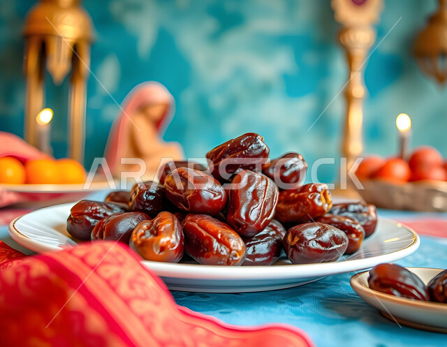 منتجات ومحاصيل زراعية محلية وطنية، صورة مقربة لطبق مليء بحبات التمر الطازجة، ضيافة رمضانية شهية، غذاء صحي ومفيد، وجبة غذائية عالية الأهمية، رطب من نخيل المملكة العربية السعودية