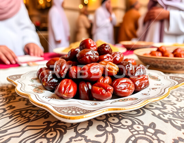 منتجات ومحاصيل زراعية محلية وطنية، صورة مقربة لطبق مليء بحبات التمر الطازجة، ضيافة رمضانية شهية، غذاء صحي ومفيد، وجبة غذائية عالية الأهمية، رطب من نخيل المملكة العربية السعودية