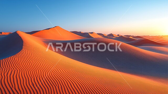 مناطق البادية والبيئة الصحراوية وقت غروب الشمس، الرمال الذهبية الناعمة المتموجة وسط الصحراء، تشكل التلال والهضاب والكثبان الرملية  في صحاري المملكة العربية السعودية, خلفية الطبيعة