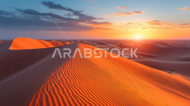 مناطق البادية والبيئة الصحراوية وقت غروب الشمس، الرمال الذهبية الناعمة المتموجة وسط الصحراء، تشكل التلال والهضاب والكثبان الرملية  في صحاري المملكة العربية السعودية, خلفية الطبيعة