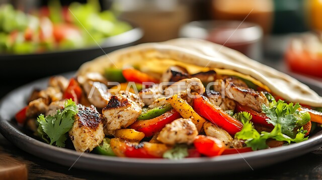 وجبات الأطباق الساخنة الشهية, الأساليب الفنية في تقديم الطعام في مطاعم المملكة العربية السعودية, المأكولات الشرقية الشعبية المشهورة, صورة مقربة لطبق من فاهيتا الدجاج مع الخبز العربي