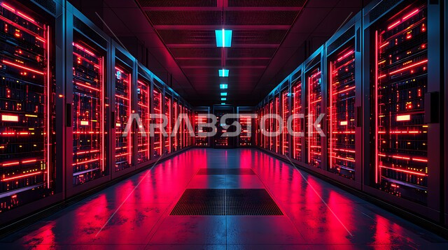 Data Center, Technology Infrastructure, Cloud Storage Network, Concept of Digital Transformation and Development and Future Technology, Server Control Room and Internet Servers, Facilitating Access to Information through Database Systems