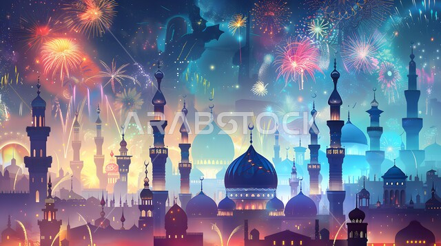 قوالب للتهنئة بالسنة الهجرية الجديدة، تصاميم تقليدية للاحتفال بالمناسبات الدينية، الفنون الهندسية المعمارية لقبب والمآذن الشامخة للمساجد في المملكة العربية السعودية، الأجواء الروحانية الإسلامية، المفرقعات الملونة والألعاب النارية في السماء