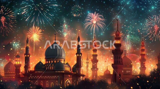 الأجواء الروحانية الإسلامية، المفرقعات الملونة والألعاب النارية في السماء، تصاميم تقليدية للاحتفال بالمناسبات الدينية، الفنون الهندسية المعمارية لقبب والمآذن الشامخة للمساجد في المملكة العربية السعودية، قوالب للتهنئة بالسنة الهجرية الجديدة