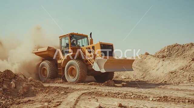 جرافة تعمل على رفع وتعبئة الرمال والحصى, مناطق التنقيب عن الثروات الباطنية, مفهوم الهندسة والإنشاءات والتطوير، الطبيعة الرملية و الصخرية في صحاري المملكة العربية السعودية, آلات ومعدات ثقيلة