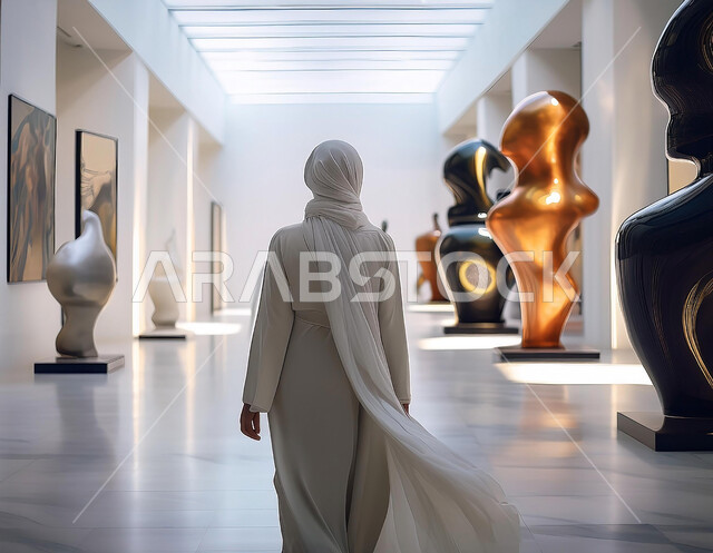 Various cultural activities in Saudi Arabia, a back view of a Saudi Arabian Gulf woman wearing a traditional hijab and abaya walking through an art gallery of antiques and fine arts, interest in all types of arts, decorations and designs of exhibitions and museums