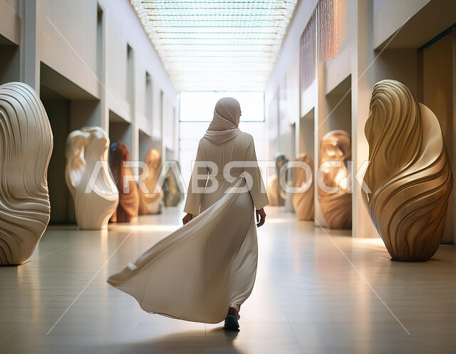 الاهتمام بكافة أنواع الفنون، ديكورات وتصاميم المعارض والمتاحف، صورة من الخلف لامرأة عربية خليجية سعودية ترتدي الحجاب والعباءة التقليدية تتجول في معرض فني للتحف والفنون التشكيلية، الأنشطة الثقافية المتنوعة في المملكة العربية السعودية