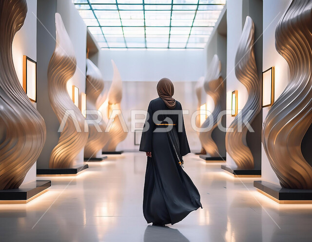 الفن الهندسي المعماري الحديث للمعارض والمتاحف في المملكة العربية السعودية، الاهتمام بالمواهب والفنون المتنوعة، صورة من الخلف لامرأة عربية خليجية سعودية ترتدي الحجاب والعباءة التقليدية تتجول في معرض فني للتحف والفنون التشكيلية