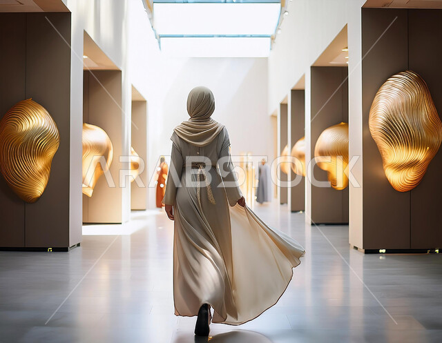 الاهتمام بالمواهب والفنون المتنوعة، صورة من الخلف لامرأة عربية خليجية سعودية ترتدي الحجاب  والعباءة التقليدية تتجول في معرض فني للتحف والفنون التشكيلية، الفن الهندسي المعماري الحديث للمعارض والمتاحف في المملكة العربية السعودية