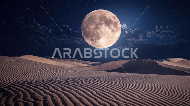 منظر اكتمال القمر في السماء فوق الصحاري السعودية, الكثبان الرملية في المناطق الطبيعية الصحراوية في وقت الليل، المساحات والأراضي الواسعة في المملكة العربية، الهضاب والتلال والتشكلات من الرمال الذهبية الناعمة في الصحراء