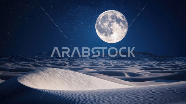 منظر اكتمال القمر في السماء فوق الصحاري السعودية, الكثبان الرملية في المناطق الطبيعية الصحراوية في وقت الليل، المساحات والأراضي الواسعة في المملكة العربية، الهضاب والتلال والتشكلات من الرمال الذهبية الناعمة في الصحراء