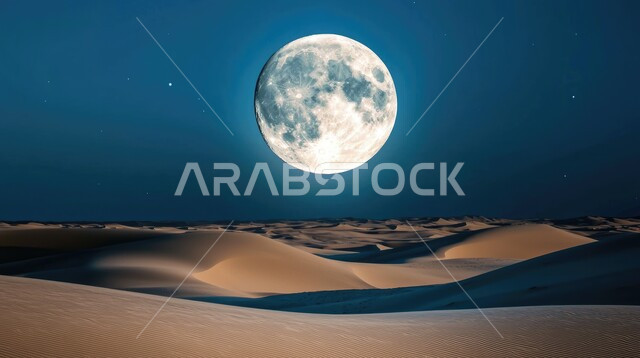 منظر اكتمال القمر في السماء فوق الصحاري السعودية, الكثبان الرملية في المناطق الطبيعية الصحراوية في وقت الليل، المساحات والأراضي الواسعة في المملكة العربية، الهضاب والتلال والتشكلات من الرمال الذهبية الناعمة في الصحراء