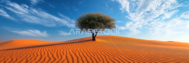 نمو النباتات الشوكية في المناطق الصحراوية, التشكيلات والكثبان الرملية الكثيفة في الصحراء, منظر الرمال الذهبية الناعمة, البيئة الجافة القاسية في صحاري المملكة العربية السعودية, الأراضي و المساحات الواسعة