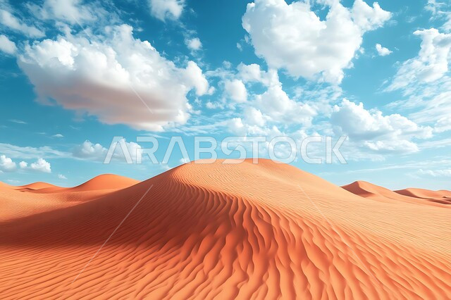 التشكيلات والكثبان الرملية الكثيفة في الصحراء, منظر الرمال الذهبية الناعمة, البيئة الجافة القاسية في صحاري المملكة العربية السعودية, التضاريس والتلال في المناطق الصحراوية, الأراضي و المساحات الواسعة