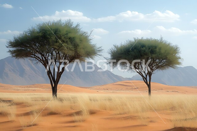 نمو النباتات الشوكية في المناطق الصحراوية, التشكيلات والكثبان الرملية الكثيفة في الصحراء, منظر الرمال الذهبية الناعمة, البيئة الجافة القاسية في صحاري المملكة العربية السعودية, الأراضي و المساحات الواسعة
