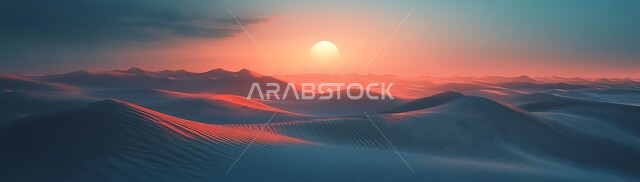 Sunset view on soft golden sand, harsh dry environment in the deserts of Saudi Arabia, terrain and hills in desert areas, vast lands and spaces, dense sand formations and dunes in the desert